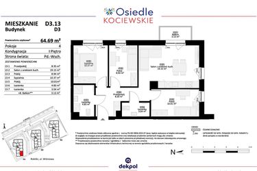 Rzut - Mieszkanie na sprzedaż 4 pokoje o powierzchni 64,69 m² - numer D3.13 w Osiedle Kociewskie etap IV