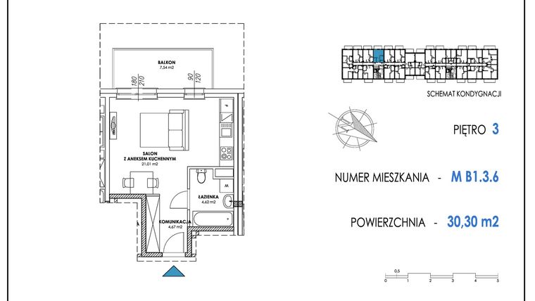 Rzut - Mieszkanie na sprzedaż 1 pokój o powierzchni 30,3 m² - numer B1.3.6 w Apartamenty Nowe Miasto