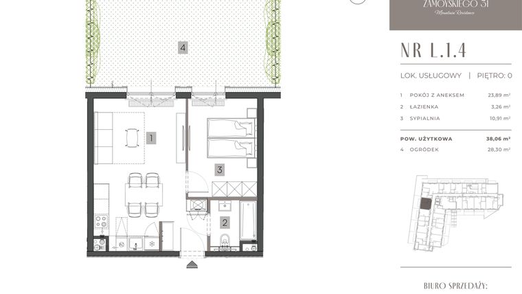 Rzut - Mieszkanie na sprzedaż 2 pokoje o powierzchni 37,06 m² - numer L.1.4 w Zamoyskiego 31