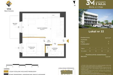 Rzut - Mieszkanie na sprzedaż 2 pokoje o powierzchni 42,71 m² - numer 32 w Apartamenty 3 Maja