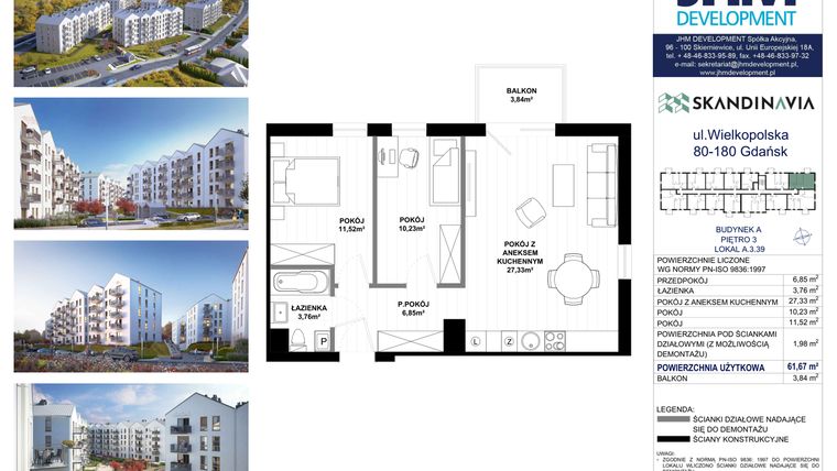 Rzut - Mieszkanie na sprzedaż 3 pokoje o powierzchni 61,67 m² - numer A.3.39 w Skandinavia