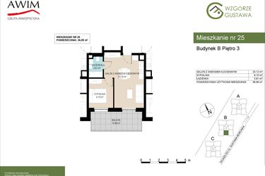 Rzut - Mieszkanie na sprzedaż 2 pokoje o powierzchni 36,09 m² - numer B25 w Wzgórze Gustawa