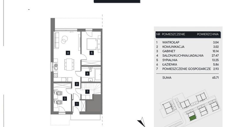 Rzut - Mieszkanie na sprzedaż 3 pokoje o powierzchni 65,71 m² - numer M2A w Rudava Park