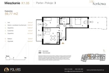 Rzut - Mieszkanie na sprzedaż 3 pokoje o powierzchni 59,77 m² - numer K1.05 w Korkowa 146