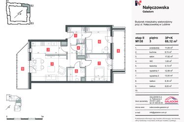 Rzut - Mieszkanie na sprzedaż 3 pokoje o powierzchni 69,12 m² - numer M-138 w Nałęczowska etap II