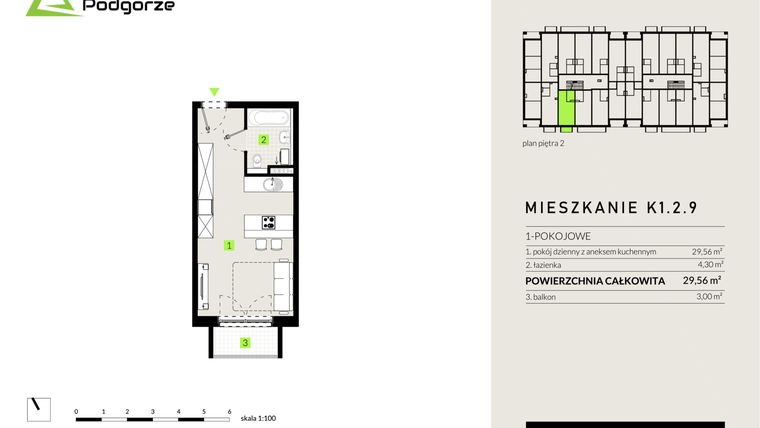 Rzut - Mieszkanie na sprzedaż 1 pokój o powierzchni 29,51 m² - numer 15_K1.2.9 w Nowe Podgórze