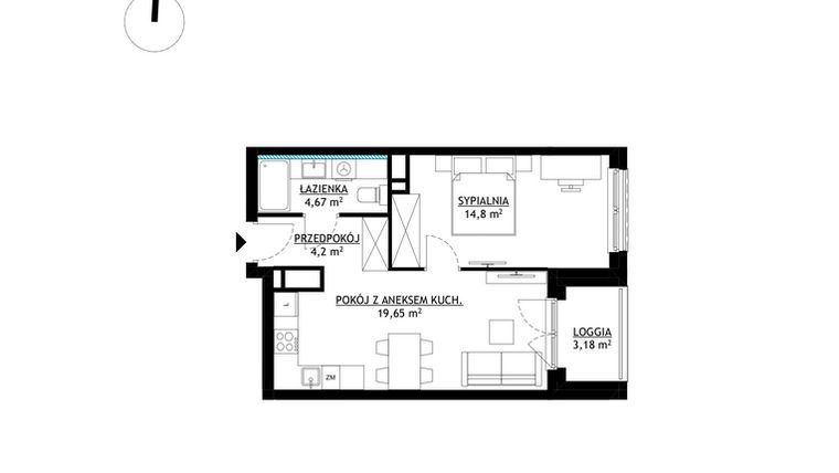 Rzut - Mieszkanie na sprzedaż 2 pokoje o powierzchni 43,32 m² - numer A8 w FUTURO