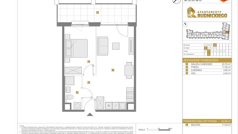 Rzut - Mieszkanie na sprzedaż 2 pokoje o powierzchni 42,59 m² - numer D.5 w Apartamenty Rudnickiego
