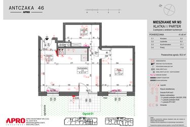 Rzut - Mieszkanie na sprzedaż 2 pokoje o powierzchni 41,4 m² - numer M3 w Antczaka 46