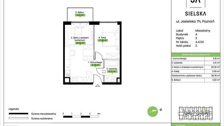 Rzut - Mieszkanie na sprzedaż 2 pokoje o powierzchni 38,78 m² - numer A.4.54 w JA_SIELSKA V
