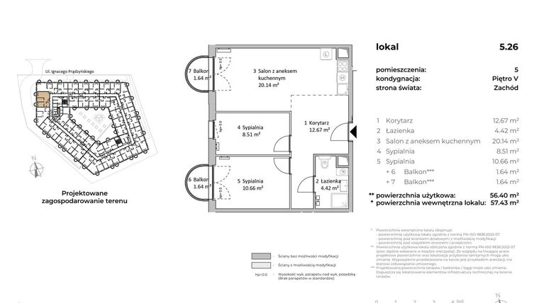 Rzut - Mieszkanie na sprzedaż 3 pokoje o powierzchni 56,4 m² - numer 5.26 w OVAL SKY