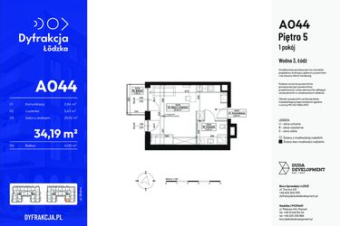 Rzut - Mieszkanie na sprzedaż 1 pokój o powierzchni 34,19 m² - numer A044 w Dyfrakcja Łódzka