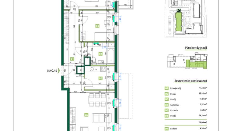 Rzut - Mieszkanie na sprzedaż 3 pokoje o powierzchni 78,8 m² - numer 9C.40 w Zielona Przystań etap II