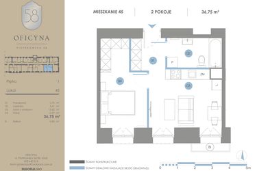 Rzut - Mieszkanie na sprzedaż 2 pokoje o powierzchni 36,75 m² - numer 45 w Oficyna - mieszkania