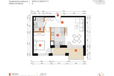 Rzut - Mieszkanie na sprzedaż 2 pokoje o powierzchni 49,99 m² - numer 8E-17 w Platanowy Park etap IV