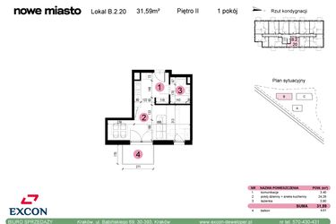 Rzut - Mieszkanie na sprzedaż 1 pokój o powierzchni 31,59 m² - numer B-2-20 w Nowe Miasto