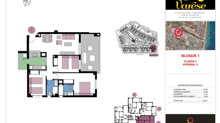 Rzut - Mieszkanie na sprzedaż 3 pokoje o powierzchni 102,01 m² - numer 4-3-B w Residencial Lago Varese