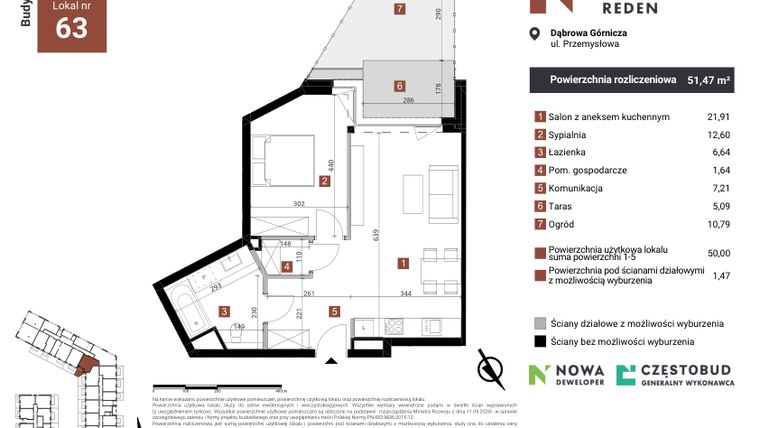 Rzut - Mieszkanie na sprzedaż 2 pokoje o powierzchni 51,47 m² - numer A63 w Nowy Reden