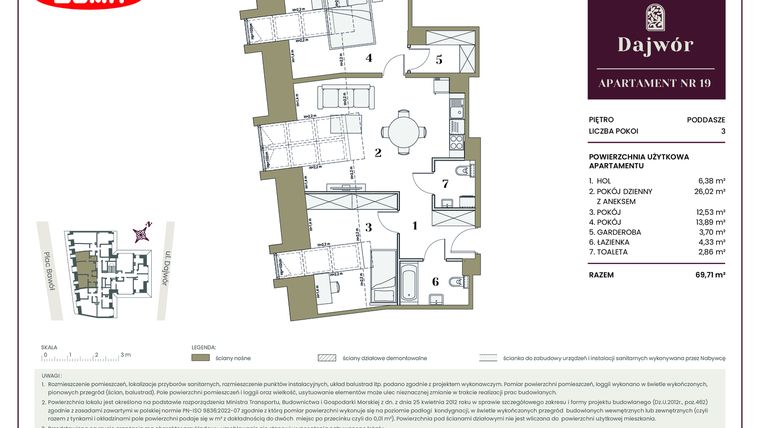 Rzut - Mieszkanie na sprzedaż 3 pokoje o powierzchni 69,71 m² - numer 19 w Dajwór