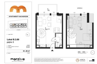 Rzut - Mieszkanie na sprzedaż 1 pokój o powierzchni 61,85 m² - numer B.3.89 w Morzlive
