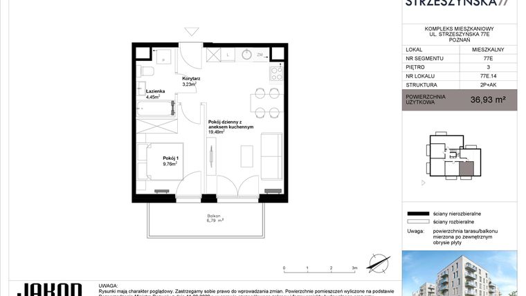 Rzut - Mieszkanie na sprzedaż 2 pokoje o powierzchni 36,93 m² - numer 77E.14 w Strzeszyńska 77