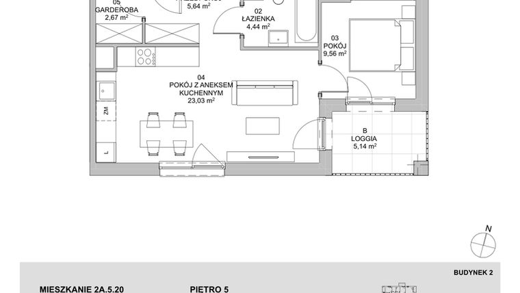 Rzut - Mieszkanie na sprzedaż 2 pokoje o powierzchni 45,34 m² - numer 2A.5.20 w Francuska Park VIIIA