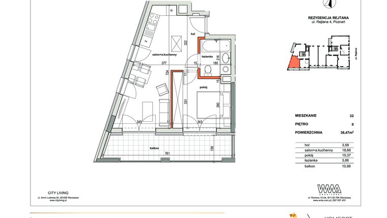 Rzut - Mieszkanie na sprzedaż 2 pokoje o powierzchni 36,47 m² - numer 32 w Rezydencja Rejtana 4