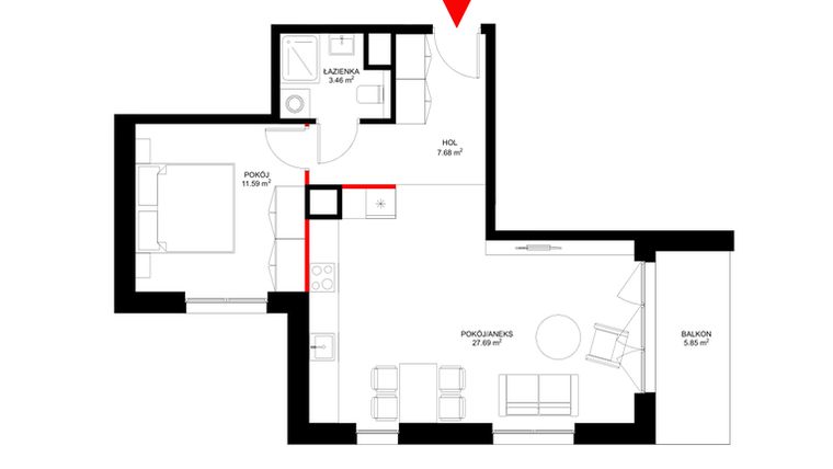 Rzut - Mieszkanie na sprzedaż 2 pokoje o powierzchni 50,25 m² - numer F.1.2 w INSPIRE ETAP V – bud. F, G