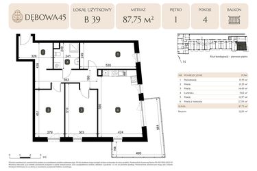 Rzut - Lokal użytkowy na sprzedaż 4 pokoje o powierzchni 87,75 m² - numer B.39 - LU6 w Dębowa 45