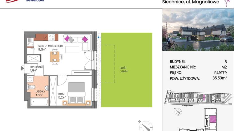 Rzut - Mieszkanie na sprzedaż 2 pokoje o powierzchni 35,53 m² - numer Bud.8-2 w Willa Magnolia