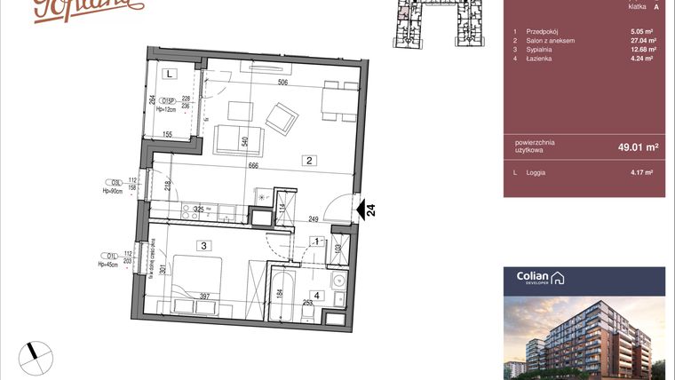 Rzut - Mieszkanie na sprzedaż 2 pokoje o powierzchni 49,01 m² - numer G1/24 w Goplana budynek G