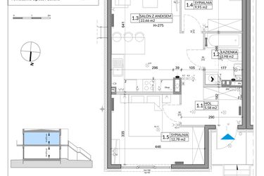 Rzut - Mieszkanie na sprzedaż 3 pokoje o powierzchni 56,89 m² - numer 61B w Osiedle Młodych etap X