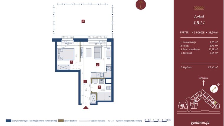 Rzut - Mieszkanie na sprzedaż 2 pokoje o powierzchni 33,09 m² - numer I.B.1.1 w GEDANIA Riverside Living - apartamenty inwestycyjne