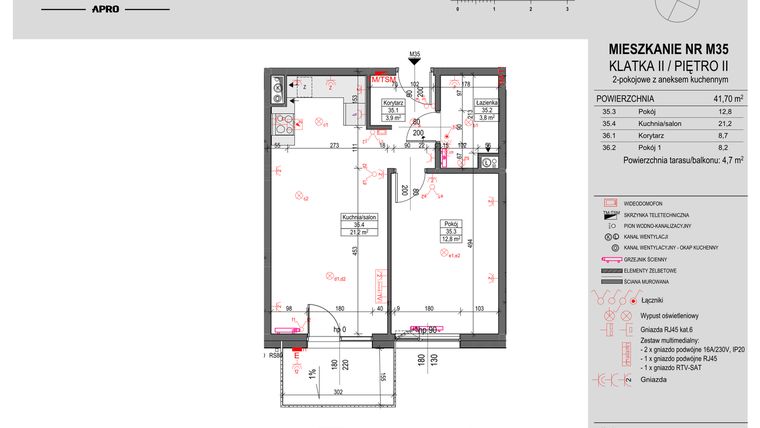 Rzut - Mieszkanie na sprzedaż 2 pokoje o powierzchni 41,7 m² - numer M35 w Antczaka 46