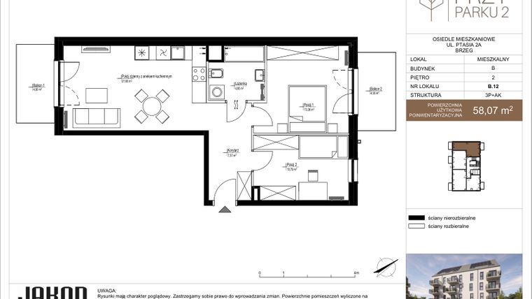 Rzut - Mieszkanie na sprzedaż 3 pokoje o powierzchni 58,07 m² - numer B.12 w Przy Parku 2