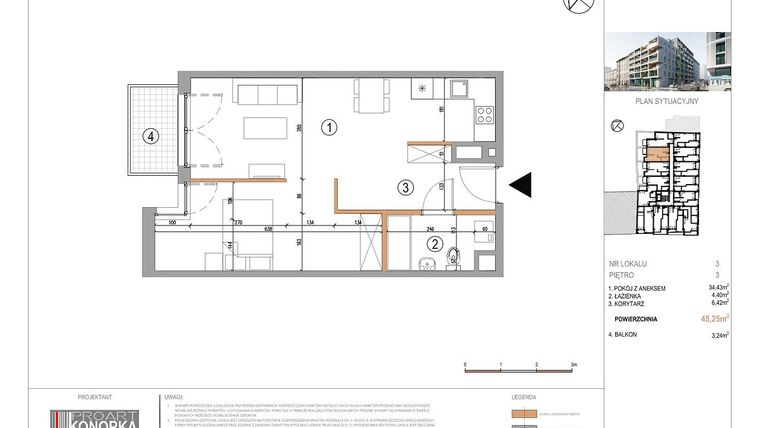 Rzut - Mieszkanie na sprzedaż 1 pokój o powierzchni 45,25 m² - numer A3/3 w 5th Avenue Apartments