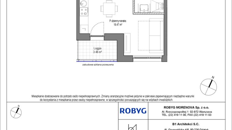 Rzut - Mieszkanie na sprzedaż 1 pokój o powierzchni 26,92 m² - numer C.2M03 w Leszczyńskich 2