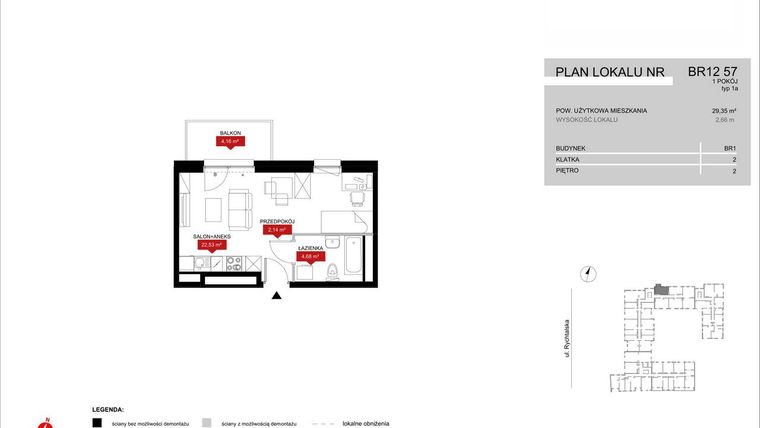 Rzut - Mieszkanie na sprzedaż 1 pokój o powierzchni 29,35 m² - numer BR12/57 w Browary Wrocławskie 2
