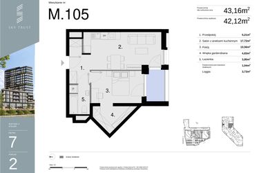 Rzut - Mieszkanie na sprzedaż 2 pokoje o powierzchni 43,16 m² - numer M105 w Sky Trust etap II
