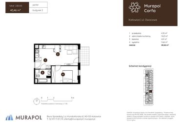 Rzut - Mieszkanie na sprzedaż 2 pokoje o powierzchni 40,46 m² - numer 2.B.0.05 w Murapol Corfa
