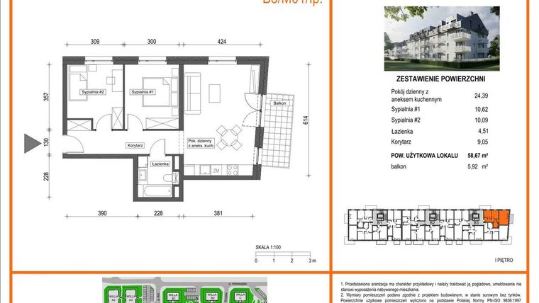 Rzut - Mieszkanie na sprzedaż 3 pokoje o powierzchni 58,67 m² - numer B3/M01/1P w Zielony Brochów 7