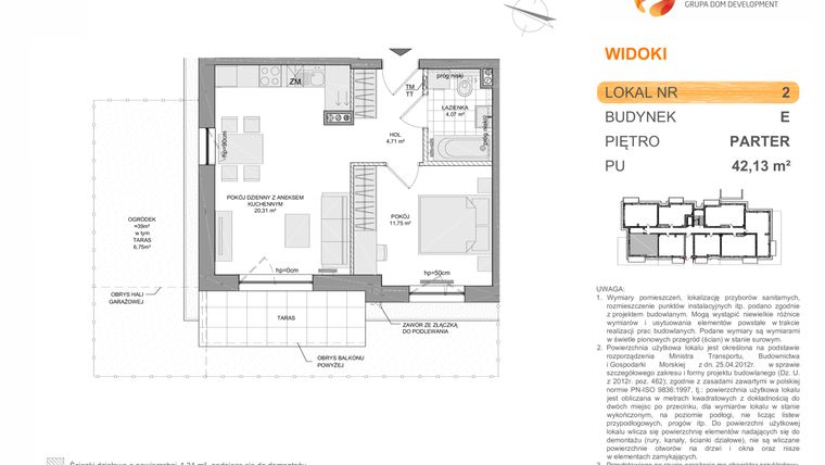 Rzut - Mieszkanie na sprzedaż 2 pokoje o powierzchni 42,09 m² - numer E2 w WIDOKI etap II