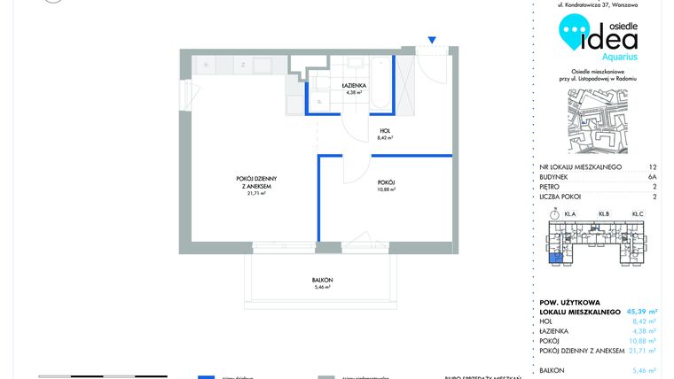 Rzut - Mieszkanie na sprzedaż 2 pokoje o powierzchni 45,39 m² - numer 6A/12 w Osiedle Idea Aquarius