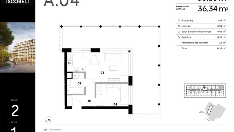 Rzut - Mieszkanie na sprzedaż 2 pokoje o powierzchni 38,1 m² - numer A.04 w Browar HUGO SCOBEL
