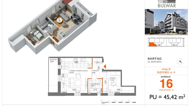 Rzut - Mieszkanie na sprzedaż 2 pokoje o powierzchni 45,42 m² - numer 16 w Osiedle Bulwar bud. 4