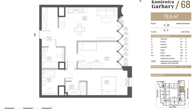 Rzut - Mieszkanie na sprzedaż 3 pokoje o powierzchni 78,4 m² - numer 20 w Garbary 68