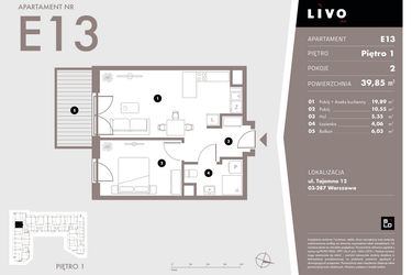 Rzut - Mieszkanie na sprzedaż 2 pokoje o powierzchni 39,85 m² - numer E13 w Livo