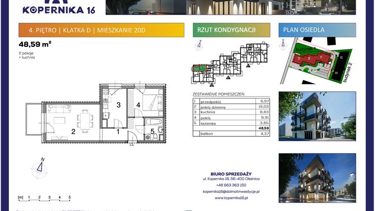 Rzut - Mieszkanie na sprzedaż 2 pokoje o powierzchni 48,59 m² - numer D20 w Kopernika Szesnaście