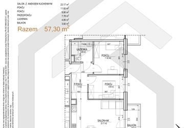 Rzut - Mieszkanie na sprzedaż 3 pokoje o powierzchni 57,3 m² - numer S.02.11 w Sobieskiego 29