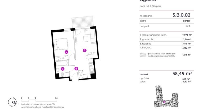 Rzut - Mieszkanie na sprzedaż 1 pokój o powierzchni 38,49 m² - numer 3.B.0.02 w Murapol Agosto